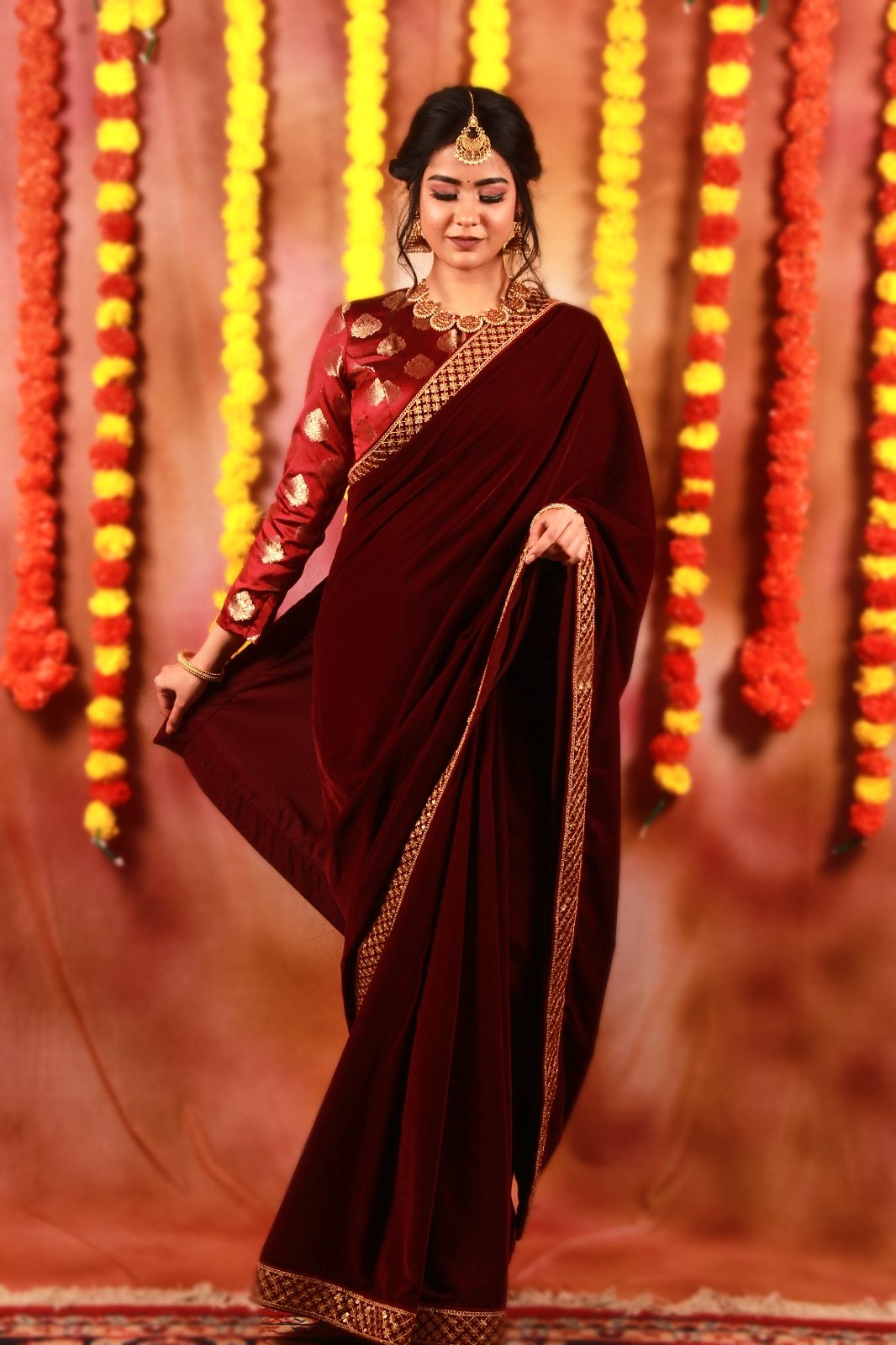 Burgundy Velvet Saree & Banaras Blouse