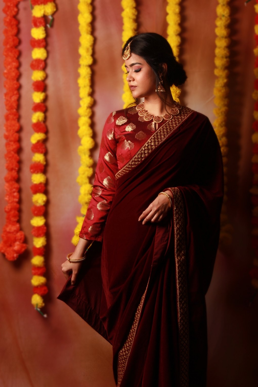 Burgundy Velvet Saree & Banaras Blouse