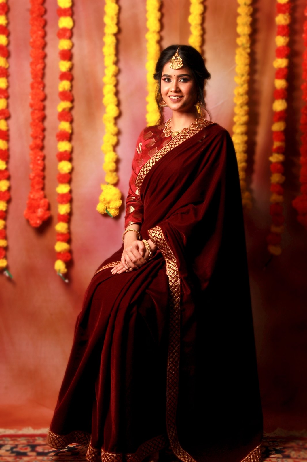 Burgundy Velvet Saree & Banaras Blouse