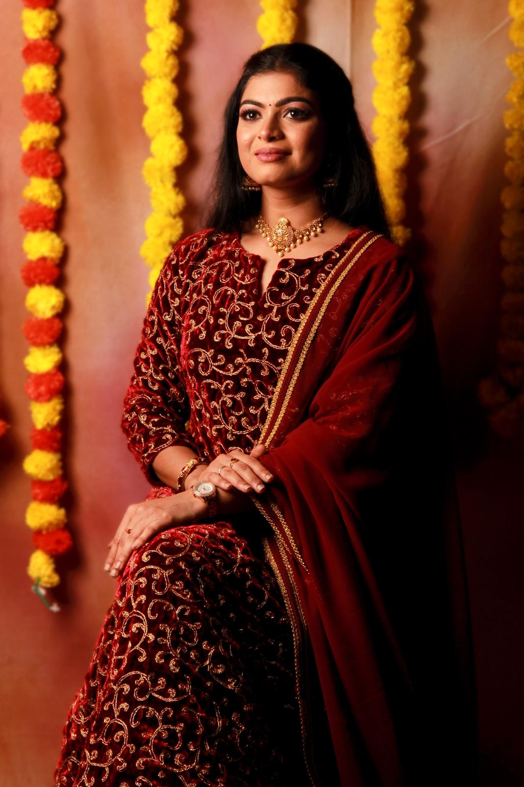 Burgundy Velvet Kameez with Skirt & Dupatta