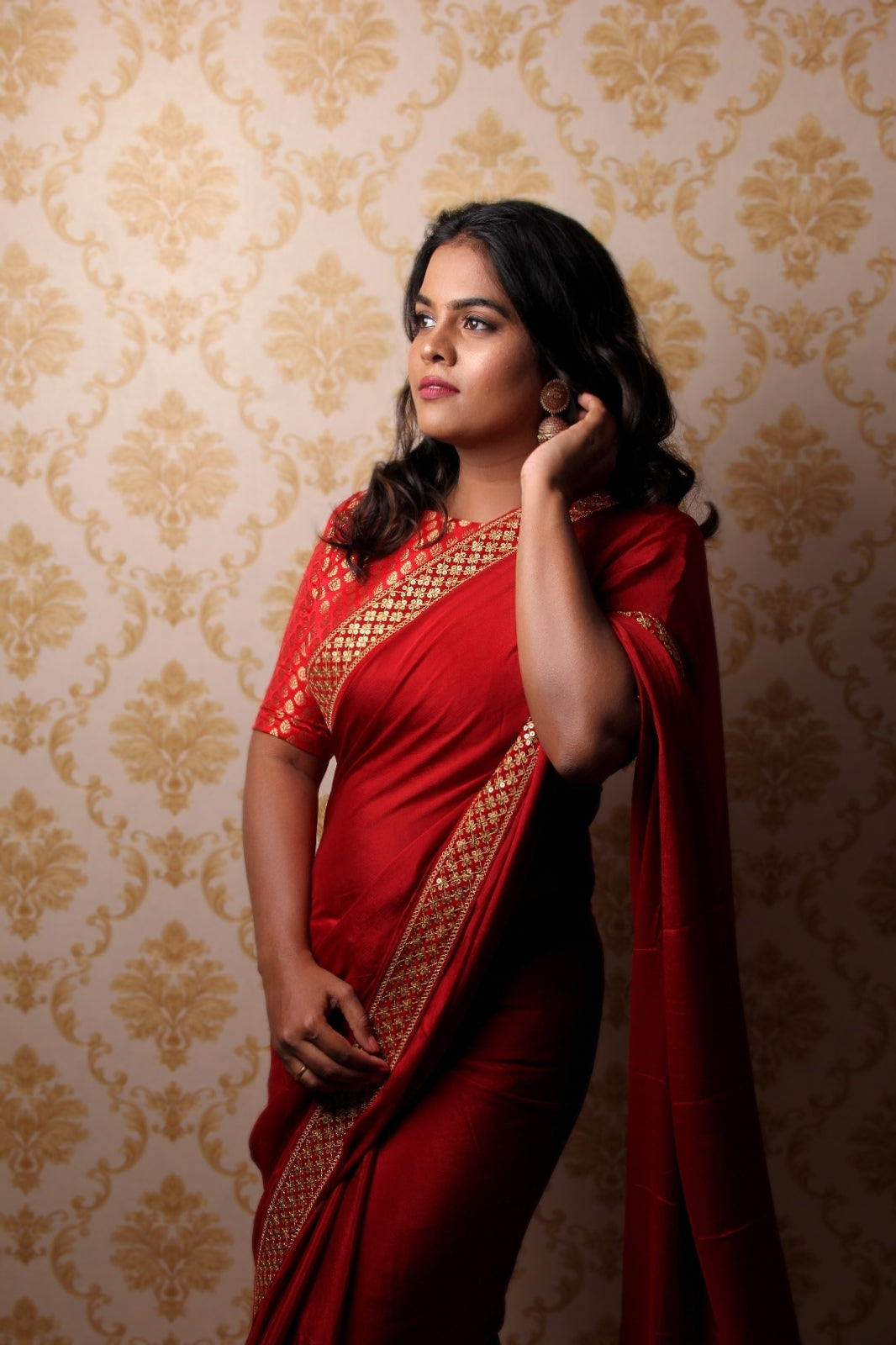 RED SAREE WITH VELVET BORDER