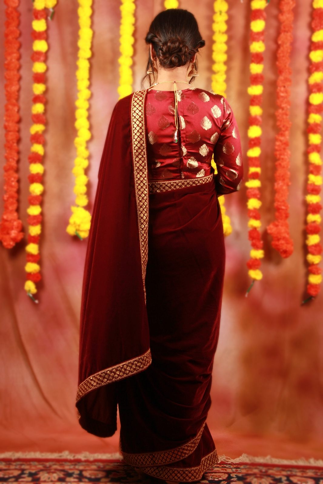 Maroon Velvet saree with Golden Border designer saree | Half saree, Saree  designs, Saree