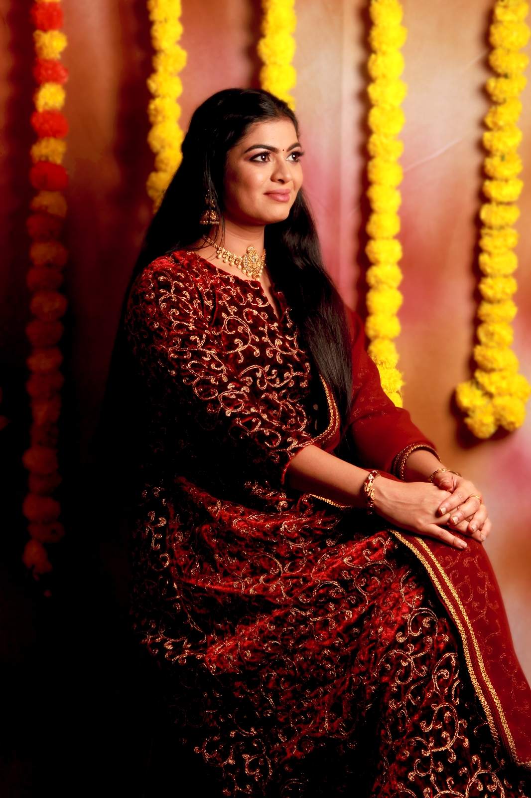 Burgundy Velvet Kameez with Skirt & Dupatta