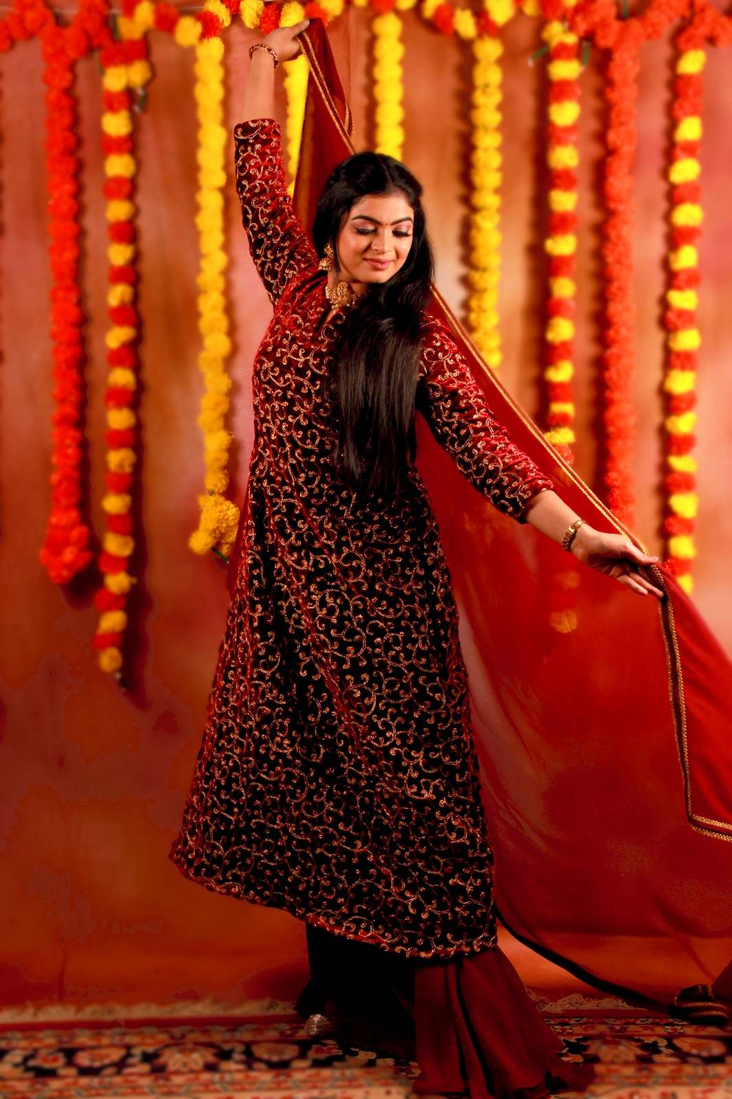 Burgundy Velvet Kameez with Skirt & Dupatta