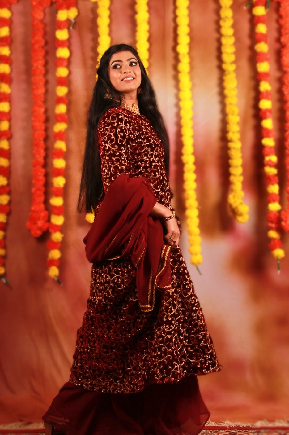 Burgundy Velvet Kameez with Skirt & Dupatta