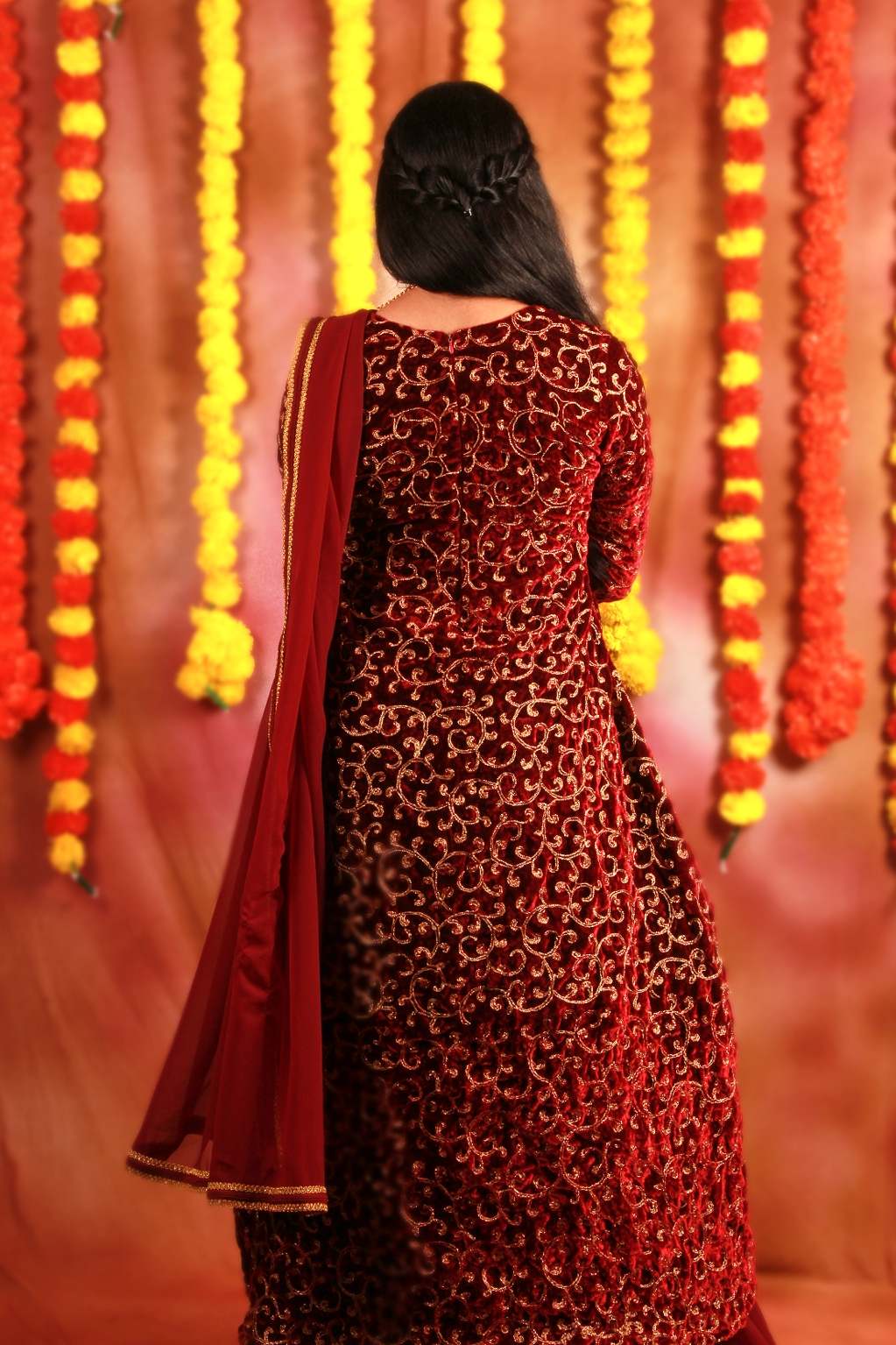 Burgundy Velvet Kameez with Skirt & Dupatta